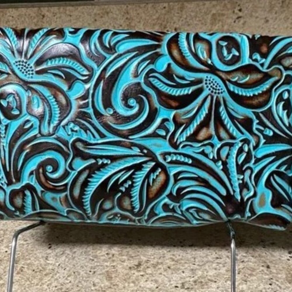 Patricia Nash Turquoise and Brown Embossed Clutch